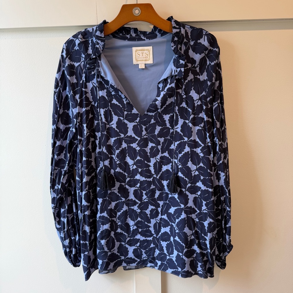 Sail to Sable Navy and Light Blue Floral V-Neck Blouse